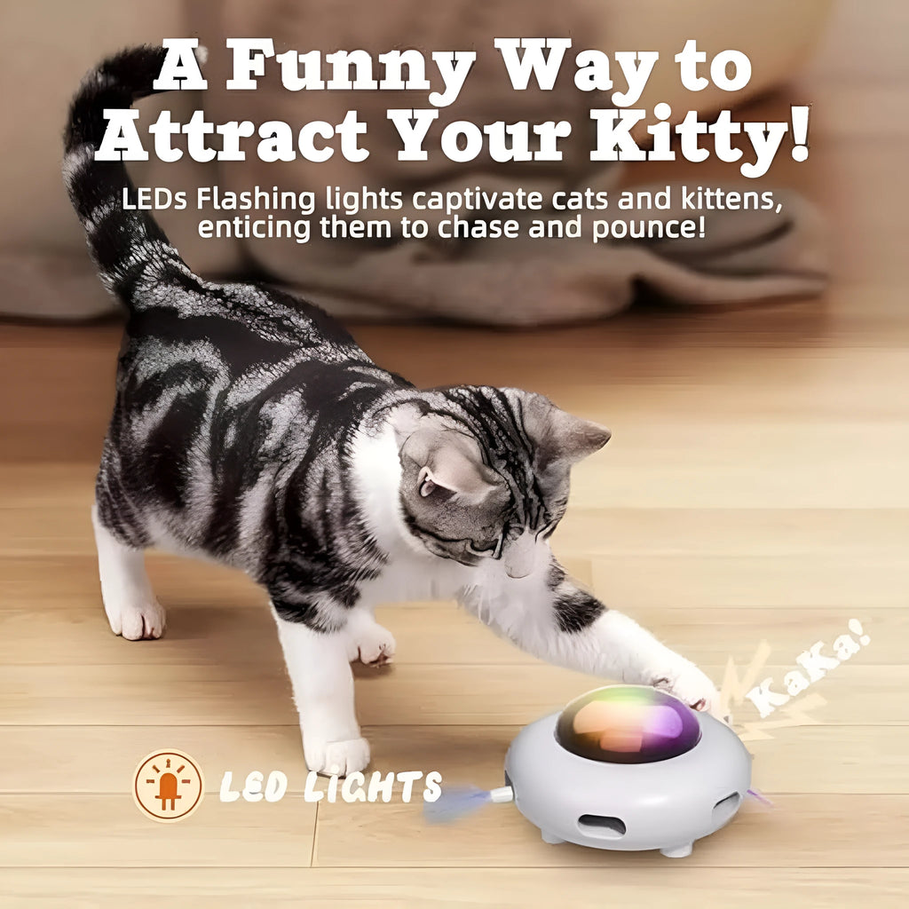White automatic cat toy with colourful feathers and LED lights for indoor feline entertainment
