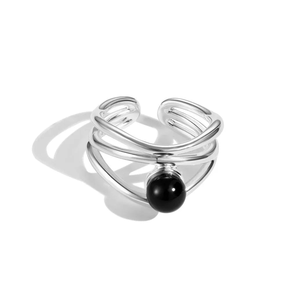 S925 sterling silver women's ring with round black agate inlay in geometric hollow design