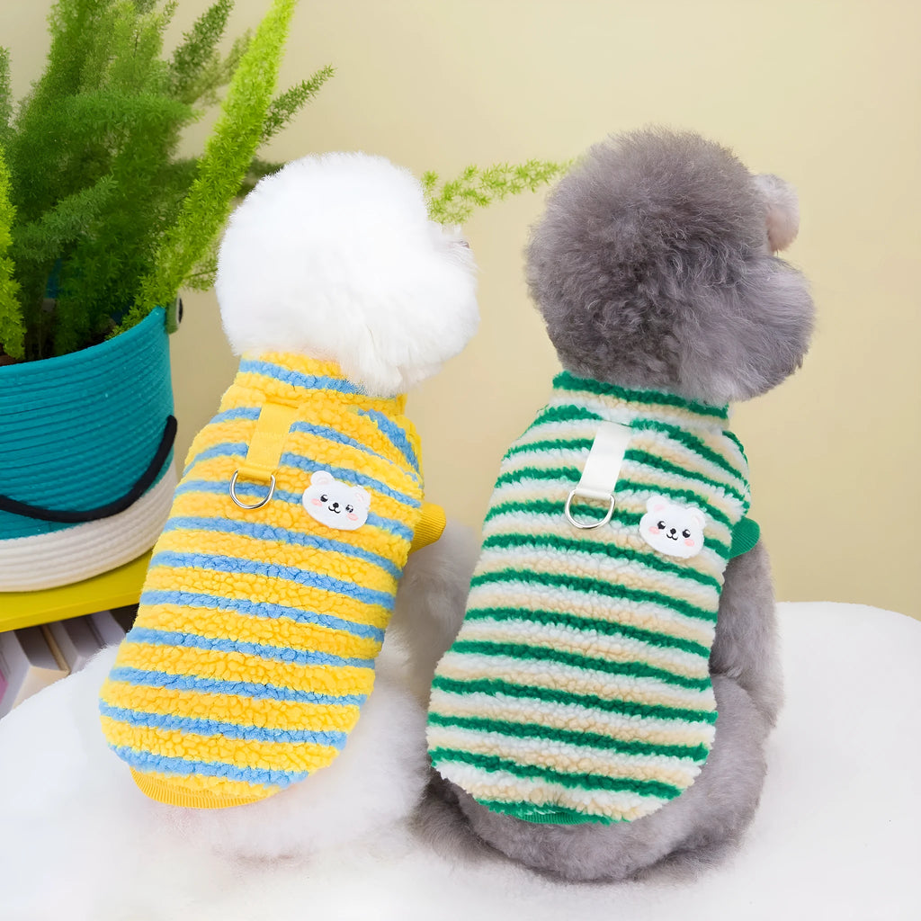 Thickened striped bear pet top in polar fluff, yellow or green, sizes S to XXL