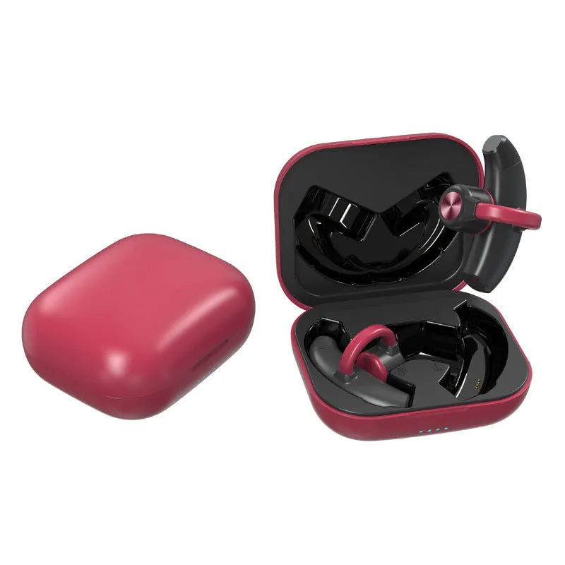 Black bone conduction Bluetooth headphones with charging compartment, external not in-ear open ear design