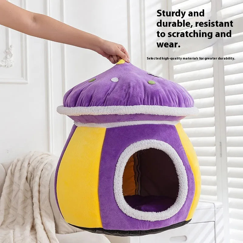 Grey mushroom-shaped cat bed made of thick plush, with a removable blanket inside.
