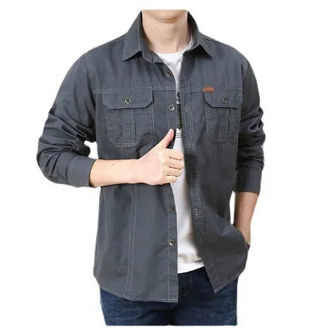 Cotton military style long sleeve loose fit shirt in army green for men spring casual
