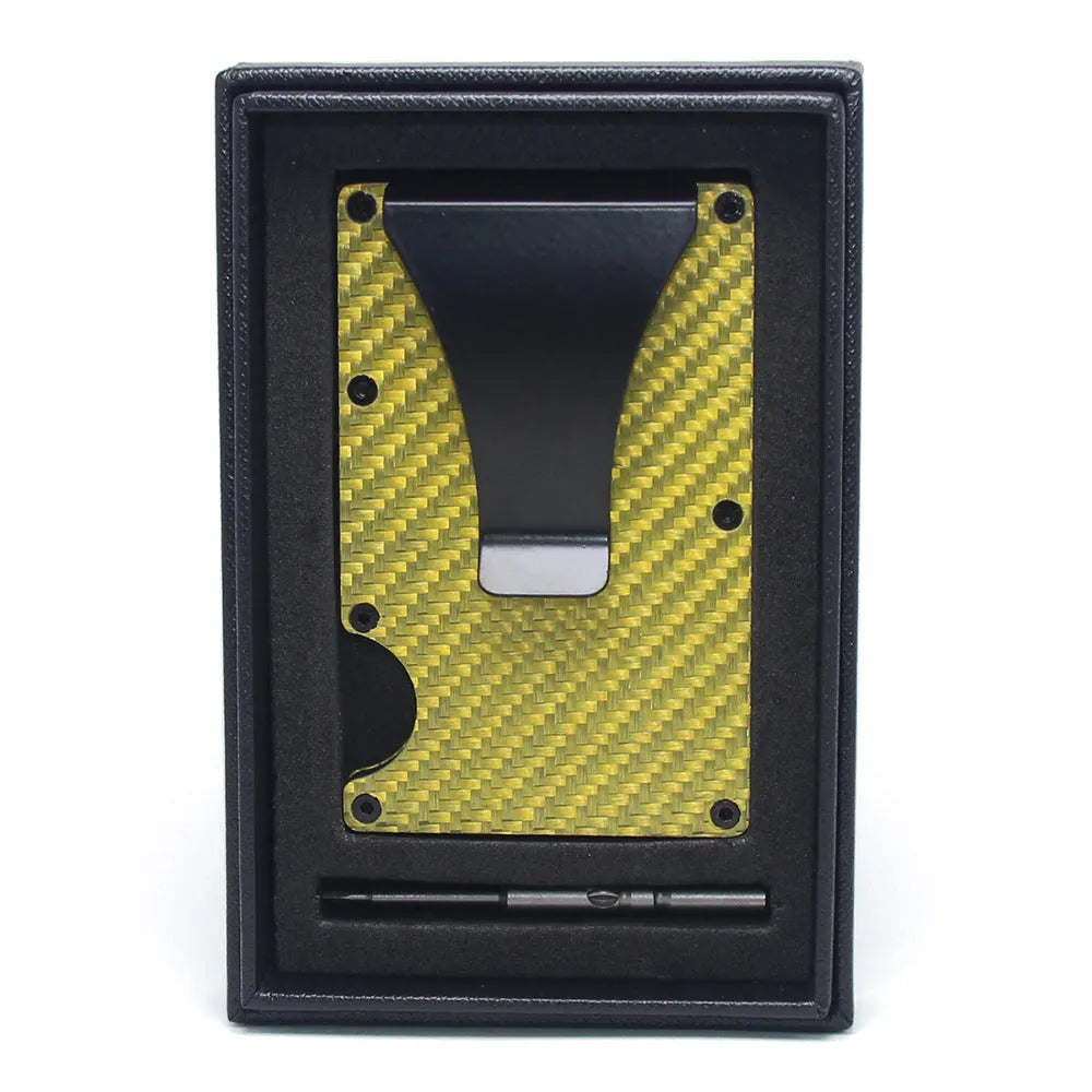Geometric carbon fibre and aluminium card wallet in a choice of colours, showing 8mm thickness.