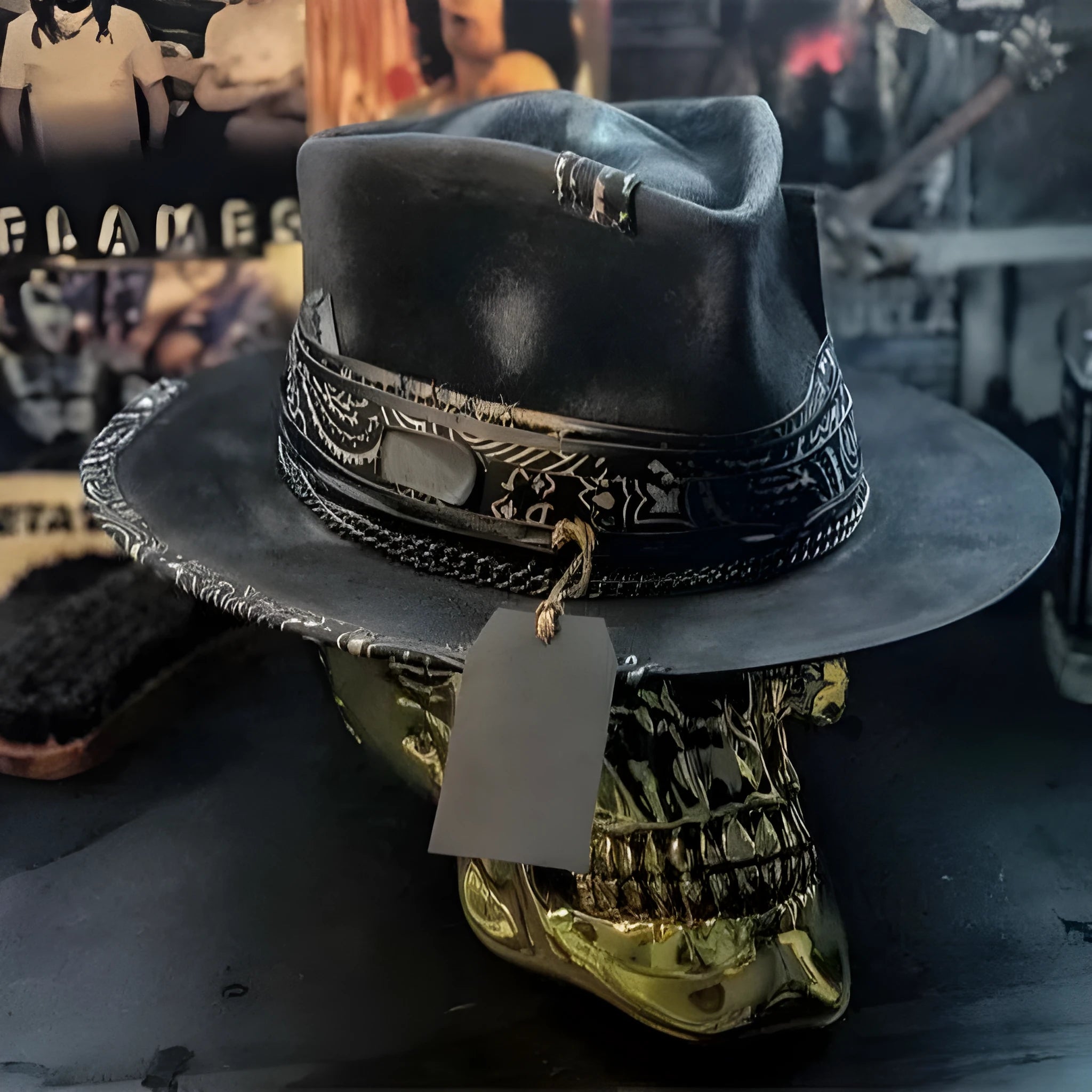 Handmade wool felt skull hat with a pointed conical crown on a neutral background.