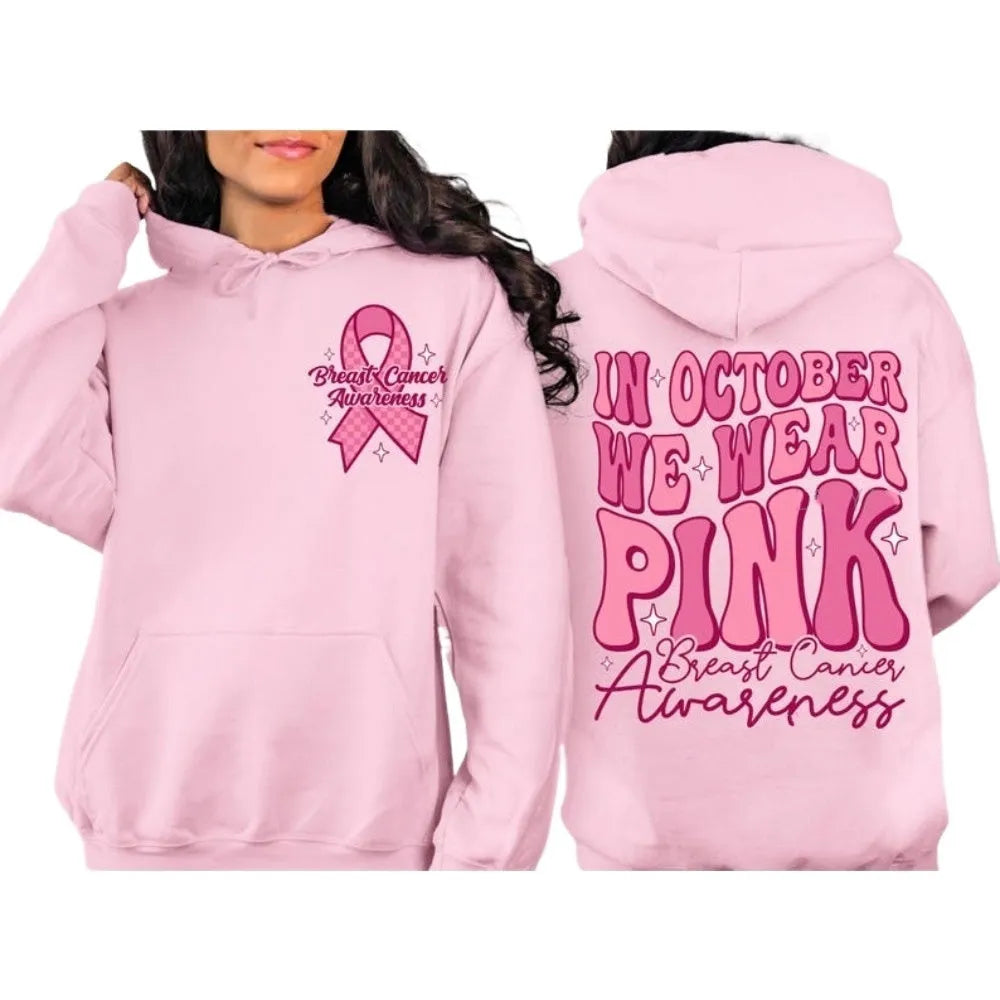 Breast cancer awareness pullover hoodie with retro hot stamp design and side seam pocket in pink, white, khaki, or black.