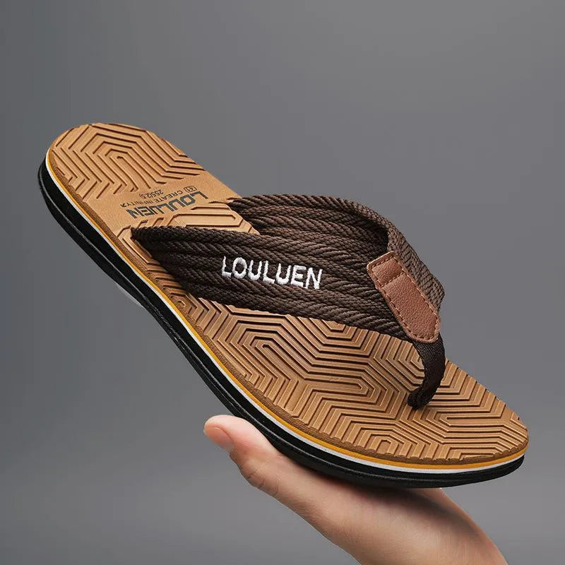 Men's black flip flop sandals with EVA upper and textured PVC sole for non-slip wear.