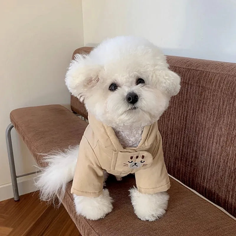 Pet coat for small puppies and cats in beige, Cloud Blue, or brown, sizes XS to XL