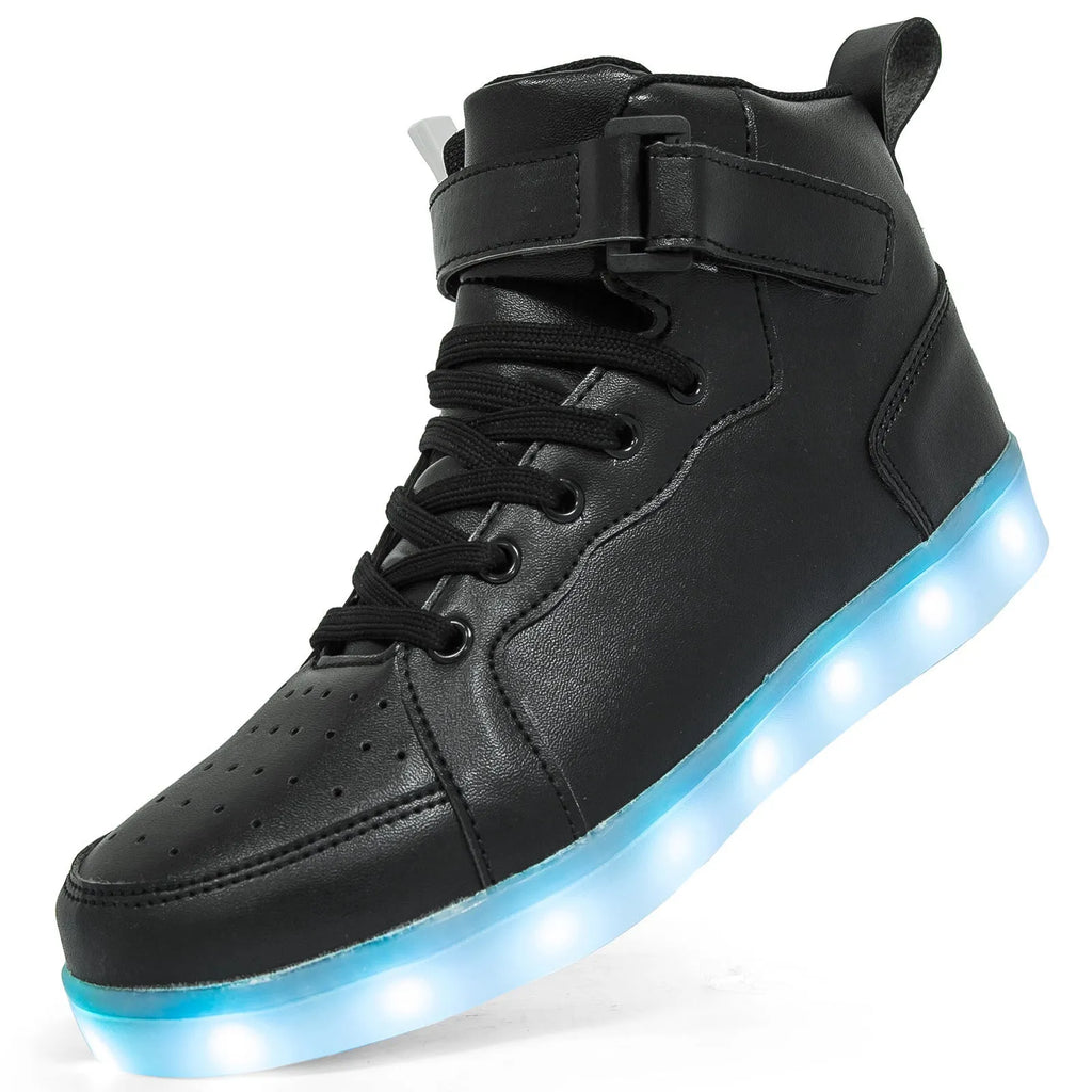 Unisex black LED high-top light shoes with Velcro strap and glowing sole.