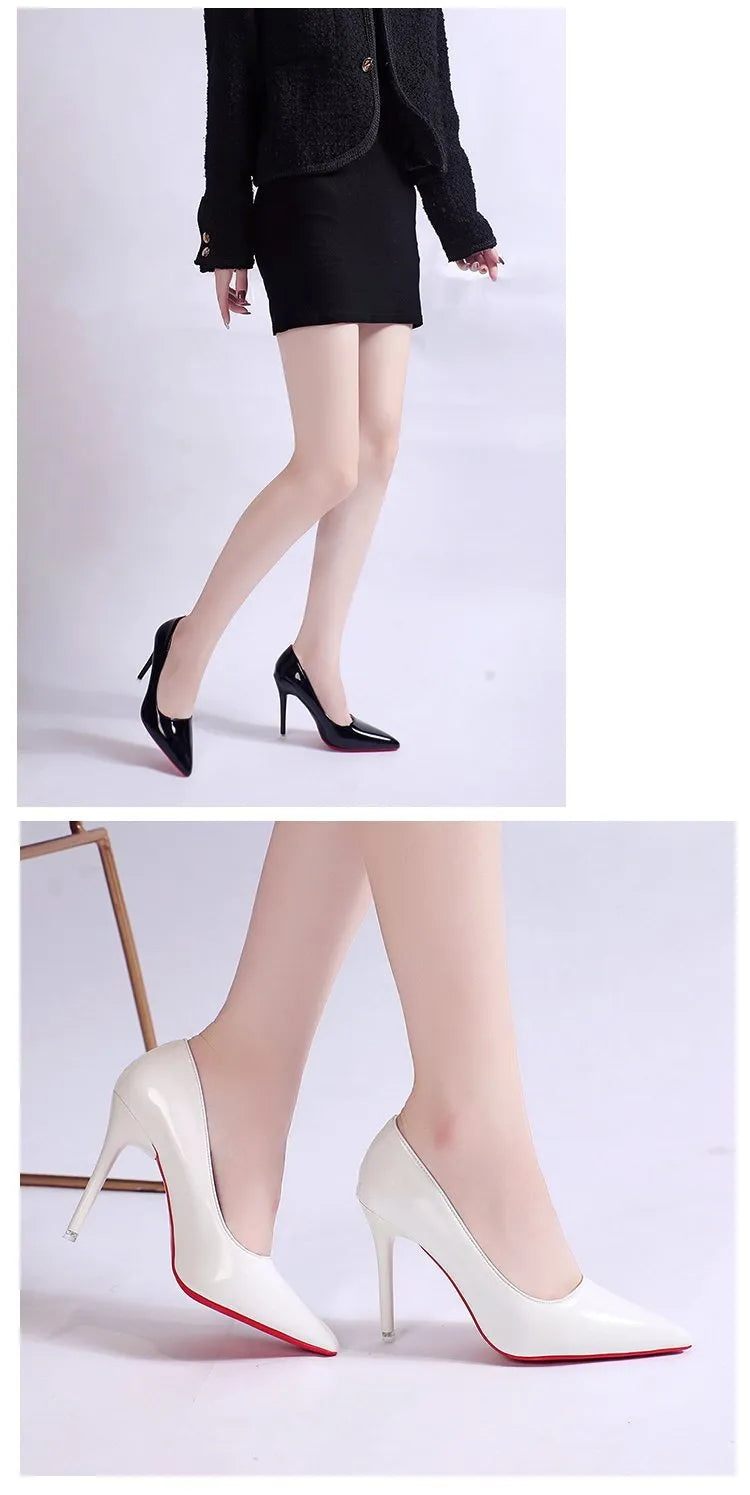 Women's black stiletto heel pump with pointed toe and shallow cut on a white background.