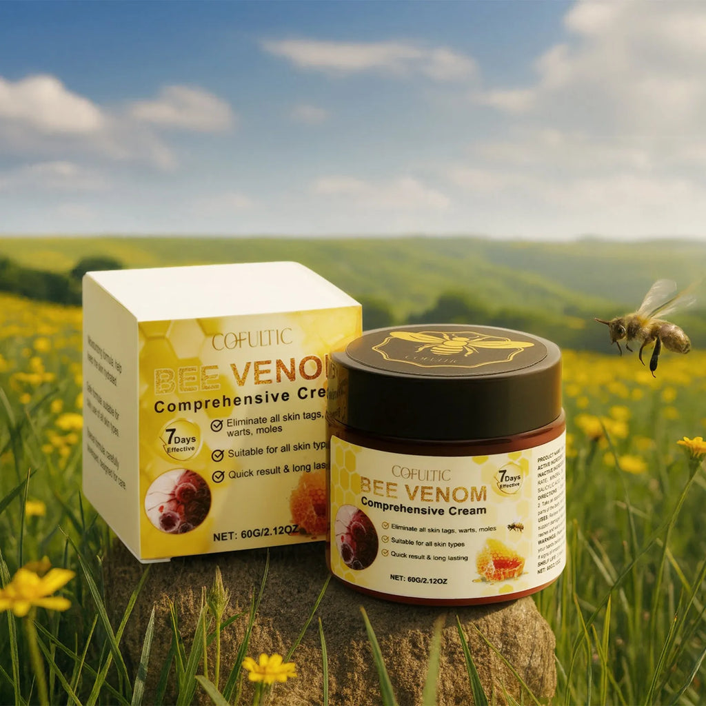 Cofutic 60g bee venom body cream in a small jar, gentle hydrating formula for daily use