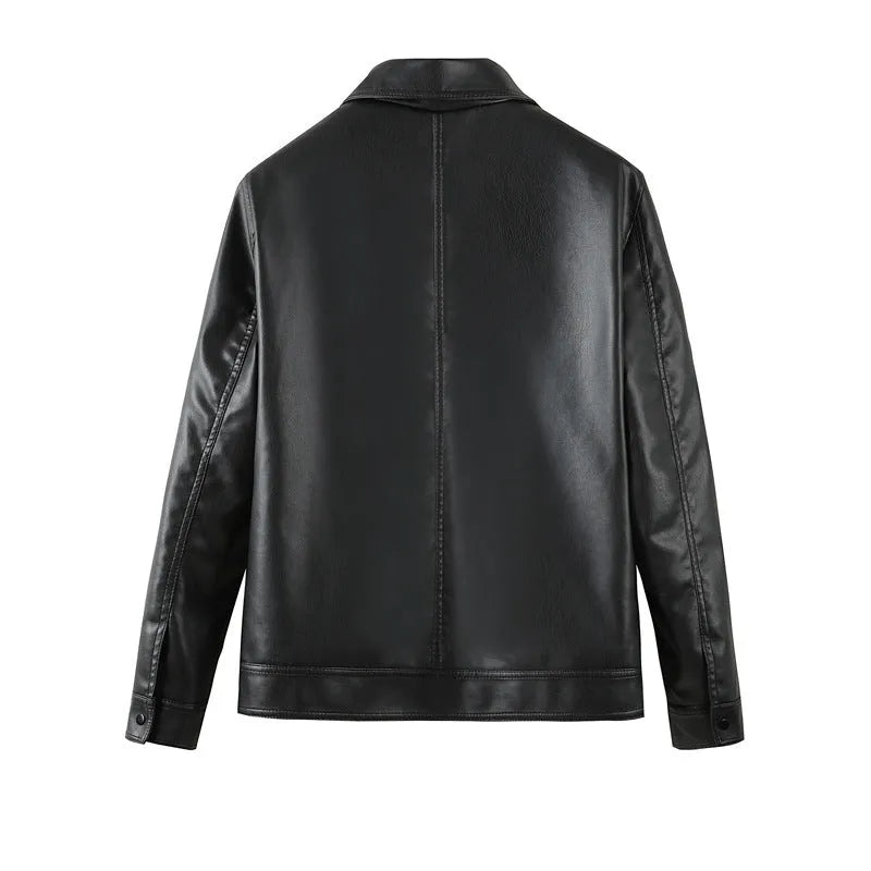 Men's black loose fit PU leather casual jacket with zipper pockets