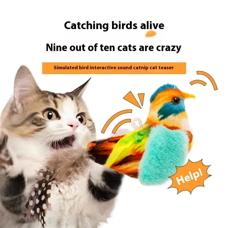 Bird simulation plush cat toy in blue kingfisher colour with realistic bird shape design