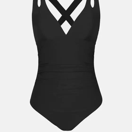 Women's solid colour one-piece swimsuit with bikini triangle top and cross shoulder straps.