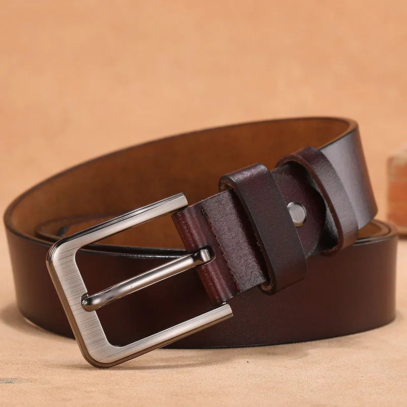 Square head pin buckle casual belt in black or brown, shown with length size options.