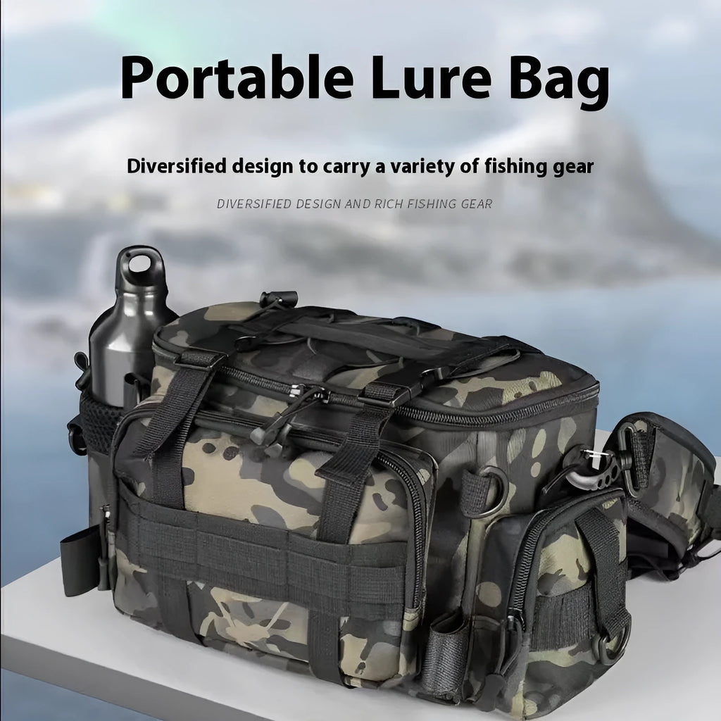 Luya crossbody multi functional fishing storage bag in Oxford cloth with camouflage pattern and multiple compartments.