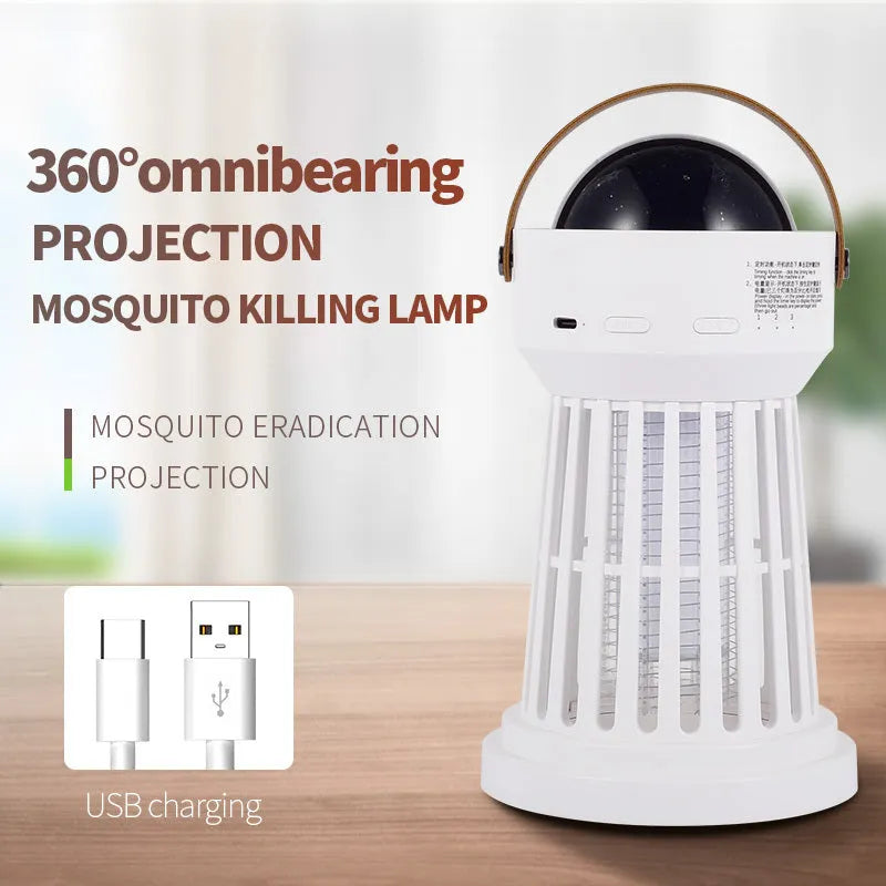 White electric mosquito killer lamp with star projection feature and folding handle