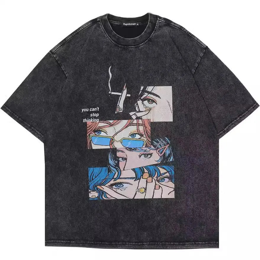 Retro men's cotton T-shirt with cartoon digital printing in loose fit washed black colour