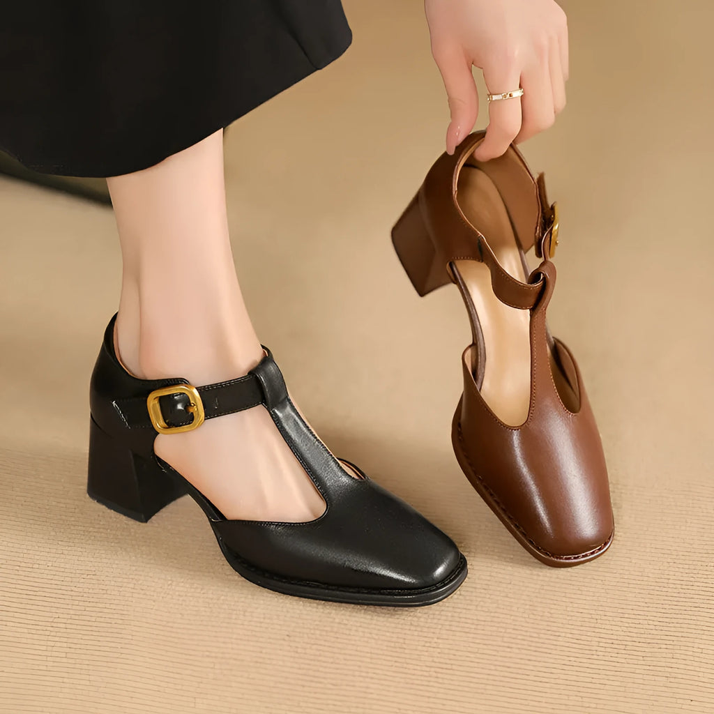 Women's square toe T-buckle hollow sandals in black, high heel 6-8cm, leather upper