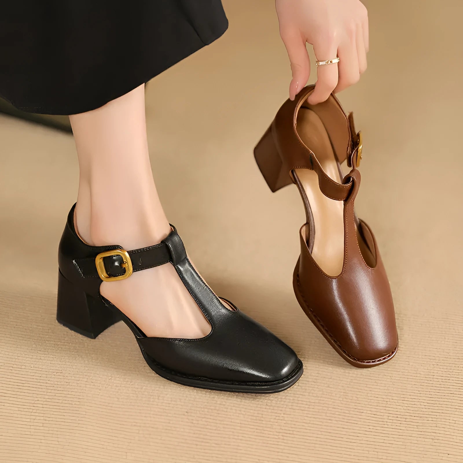 Women's square toe T-buckle hollow sandals in black, high heel 6-8cm, leather upper