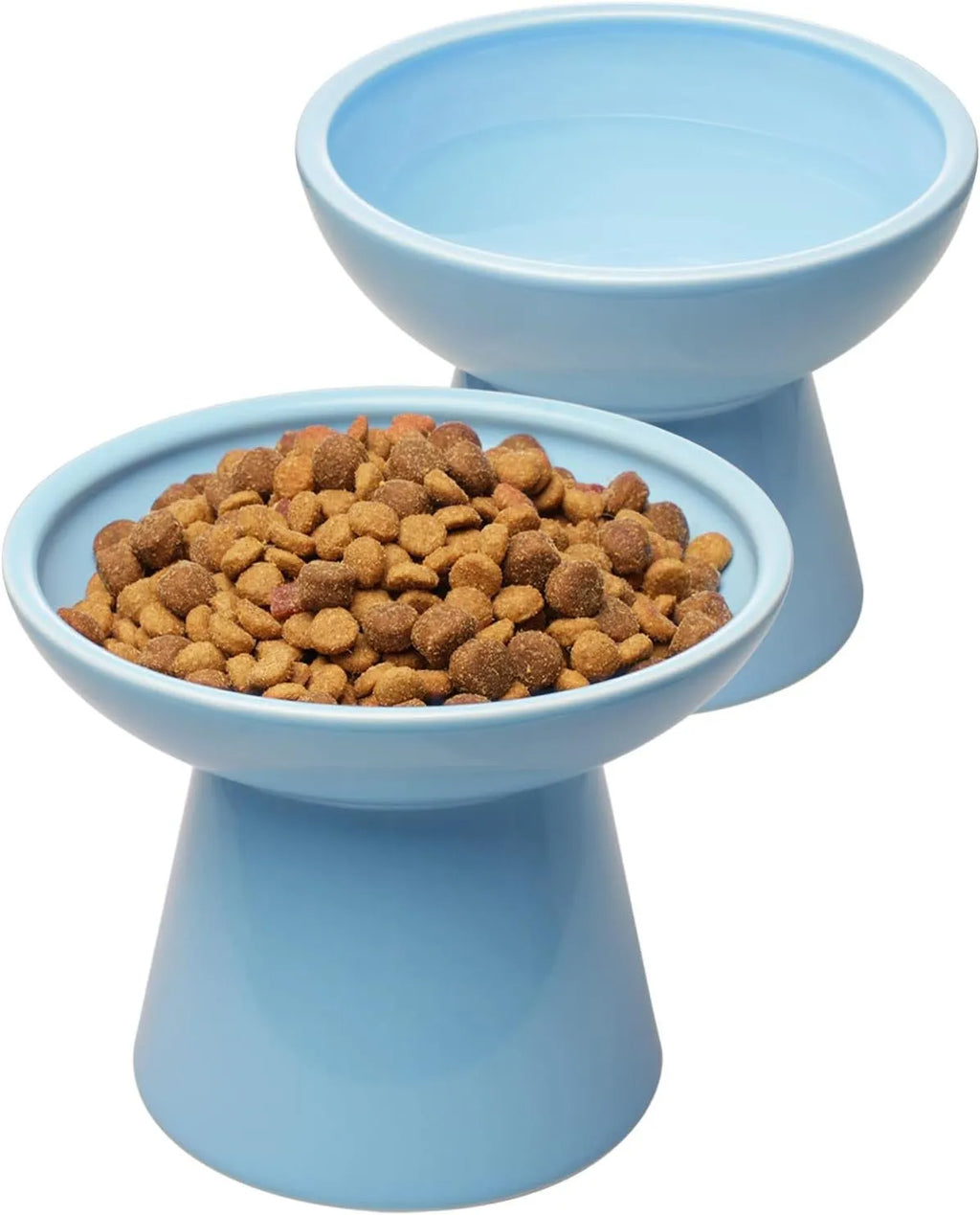 Ceramic elevated cat food bowl in blue colour with wide shallow design