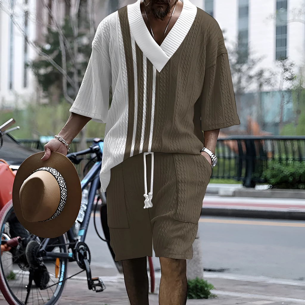 Men's grey printed drop-shoulder knitted short-sleeve top with matching shorts, a casual tracksuit set.