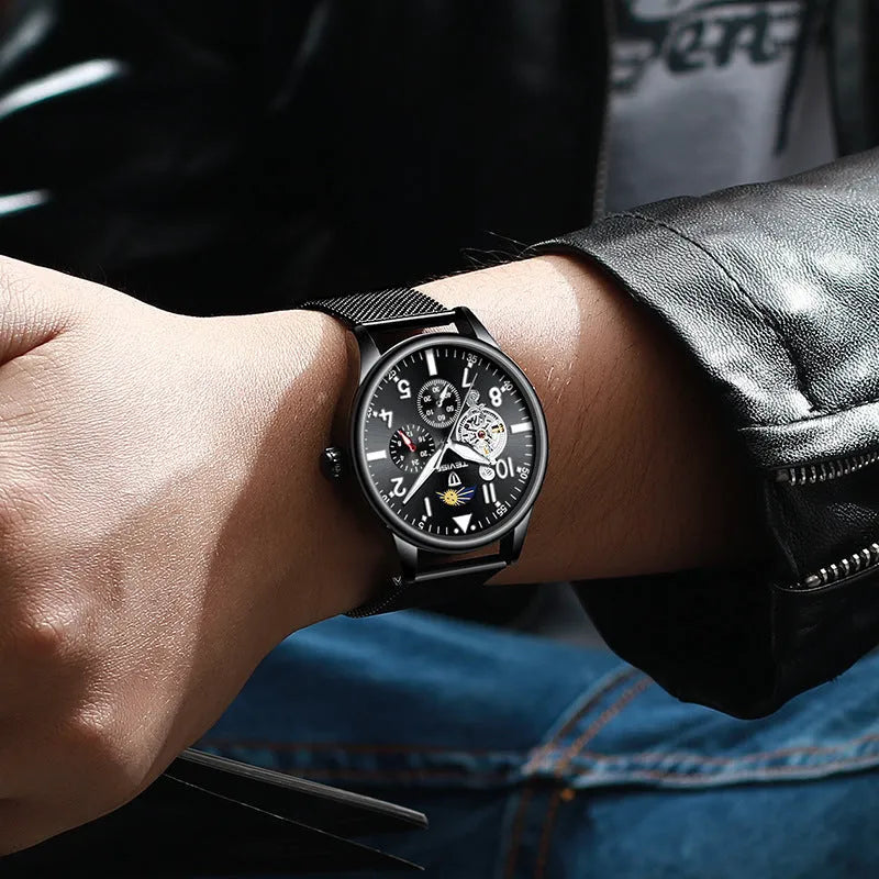 Black men's mechanical watch with moon phase indicator and luminous hands on 41mm alloy case