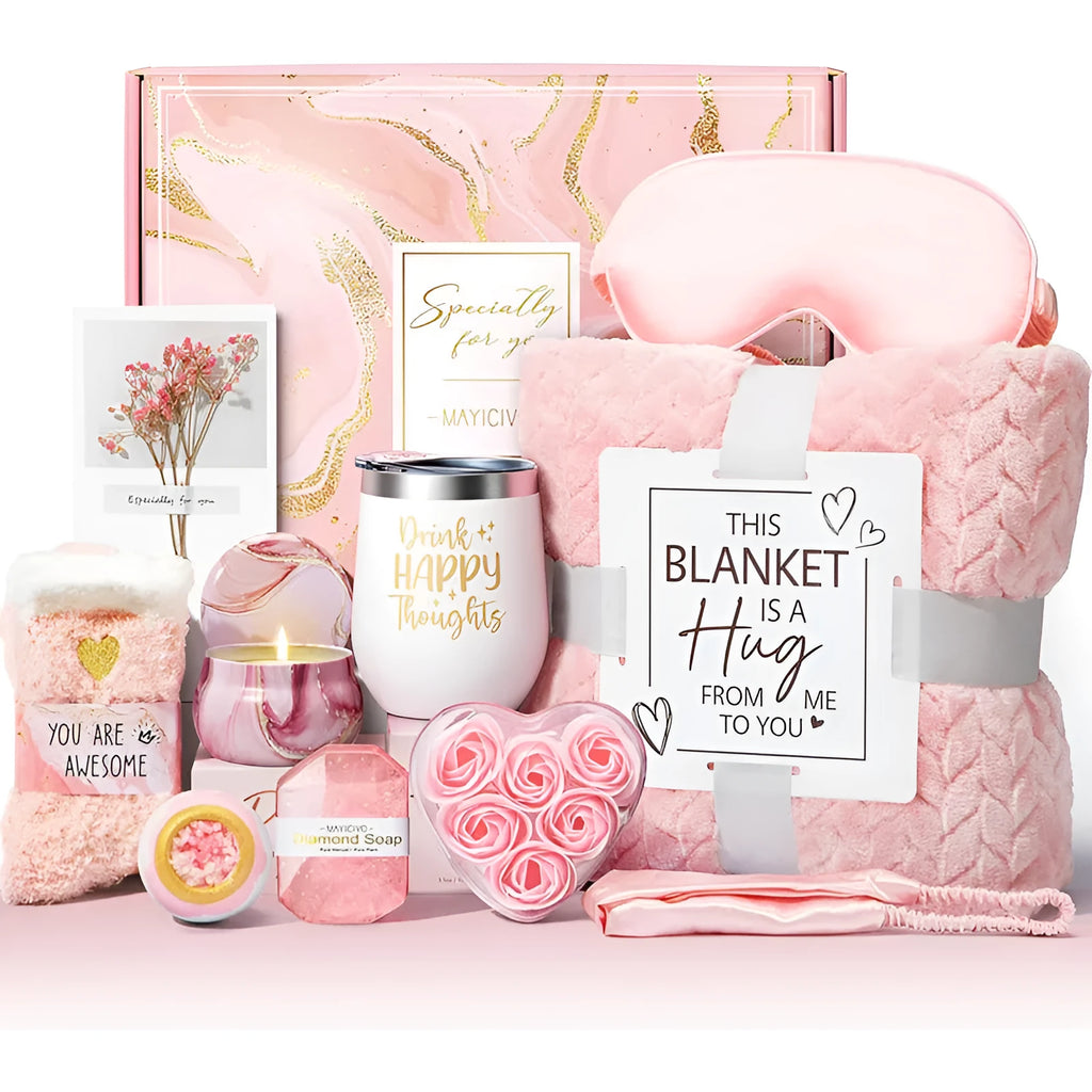 Aromatherapy gift set with candle, soap and bath products in modern plastic packaging