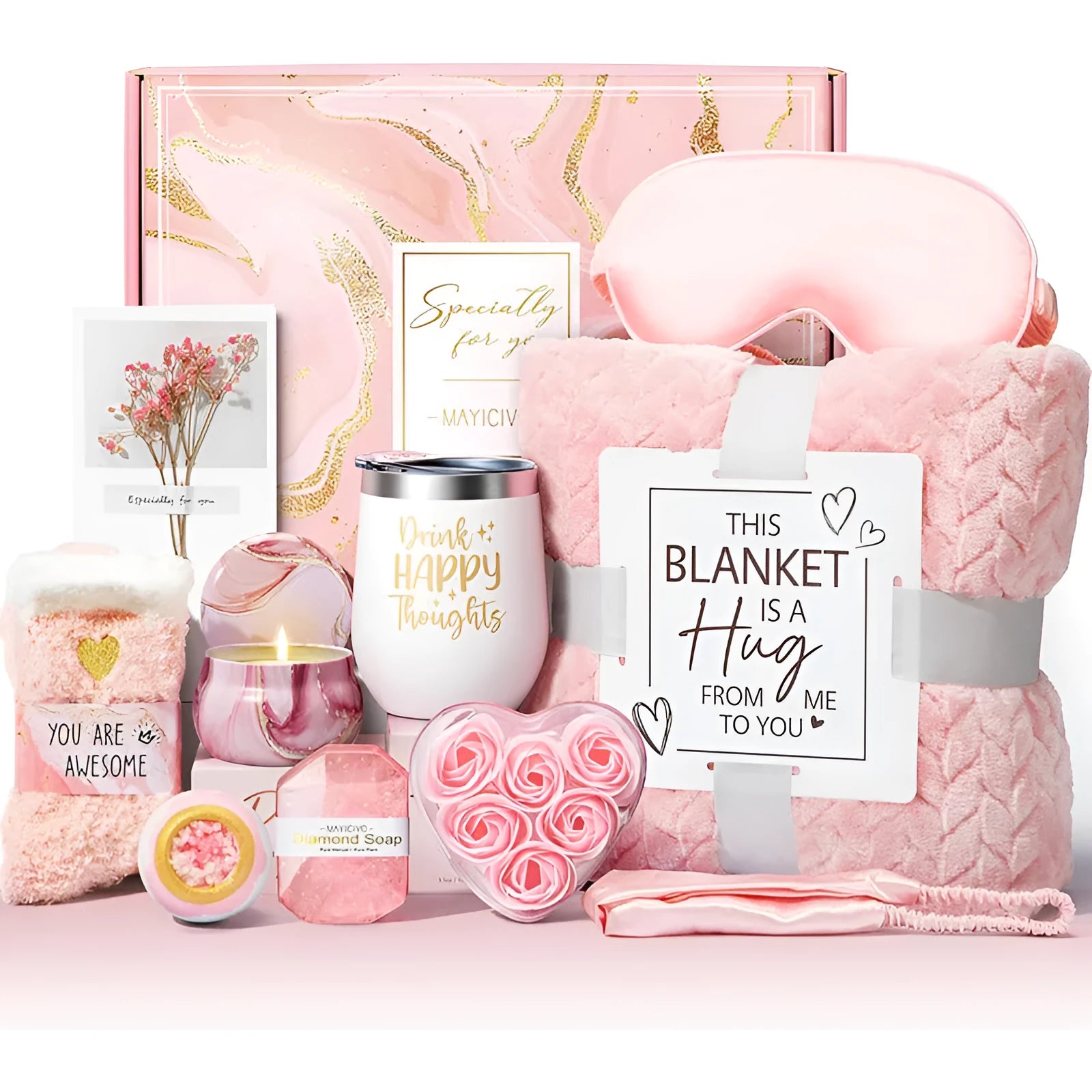 Aromatherapy gift set with candle, soap and bath products in modern plastic packaging
