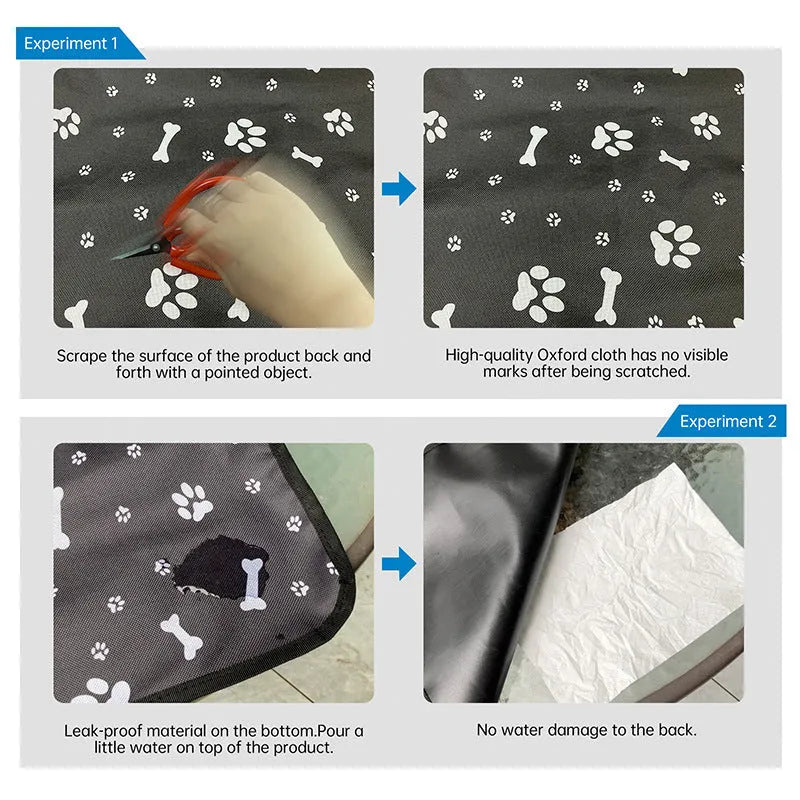 Water resistant dog car seat cover mat on a rear car seat in a bone print pattern.