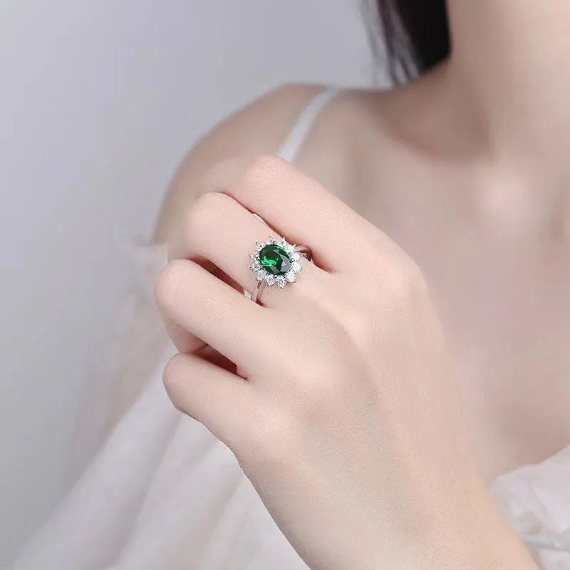 Blue moissanite women's ring with electroplated copper floral design and inlaid zirconium details