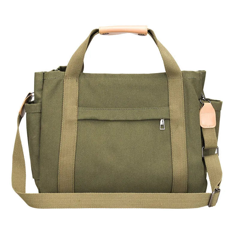 Canvas tote bag with multiple internal pockets including computer pocket, shown in horizontal square shape