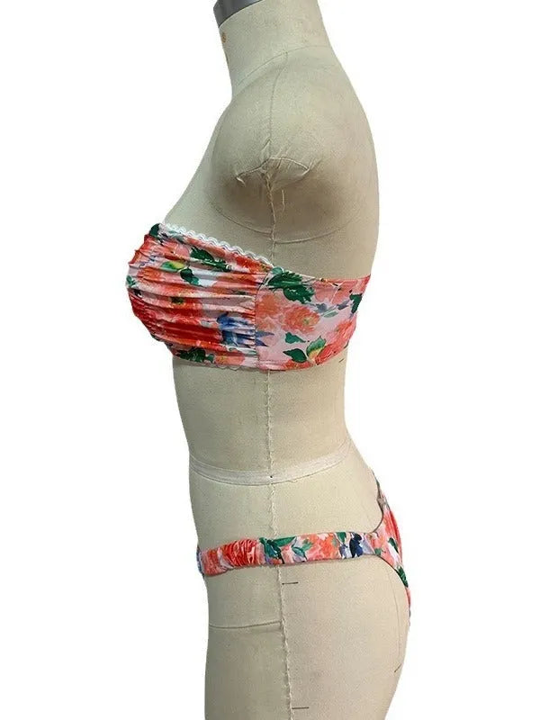 Colourful floral print European and American style bikini tube top with lace trim and matching shorts