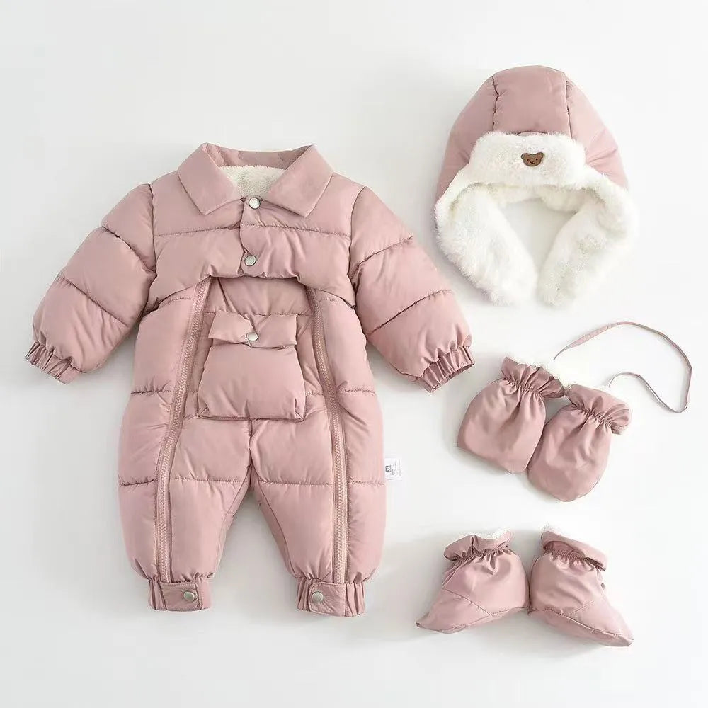 Baby cotton-padded thicken crawler suit with detachable hood and full zipper in white
