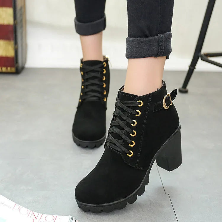 Chunky block heel ankle boots for women, round toe, front tie, low canister, artificial PU suede upper, rubber sole