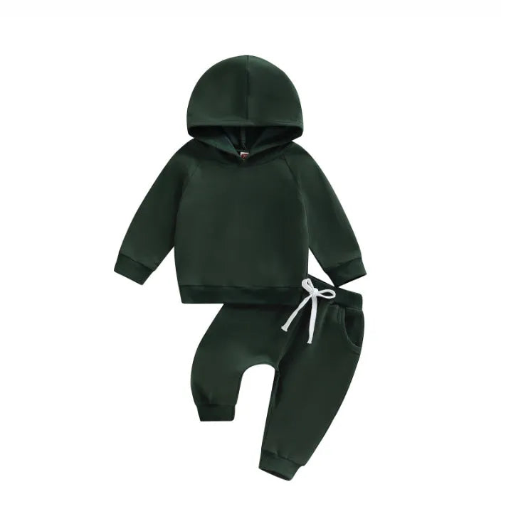 Boys solid colour hooded long sleeve sweater and trousers suit in cotton, available in apricot light brown olive green for 70-110cm height