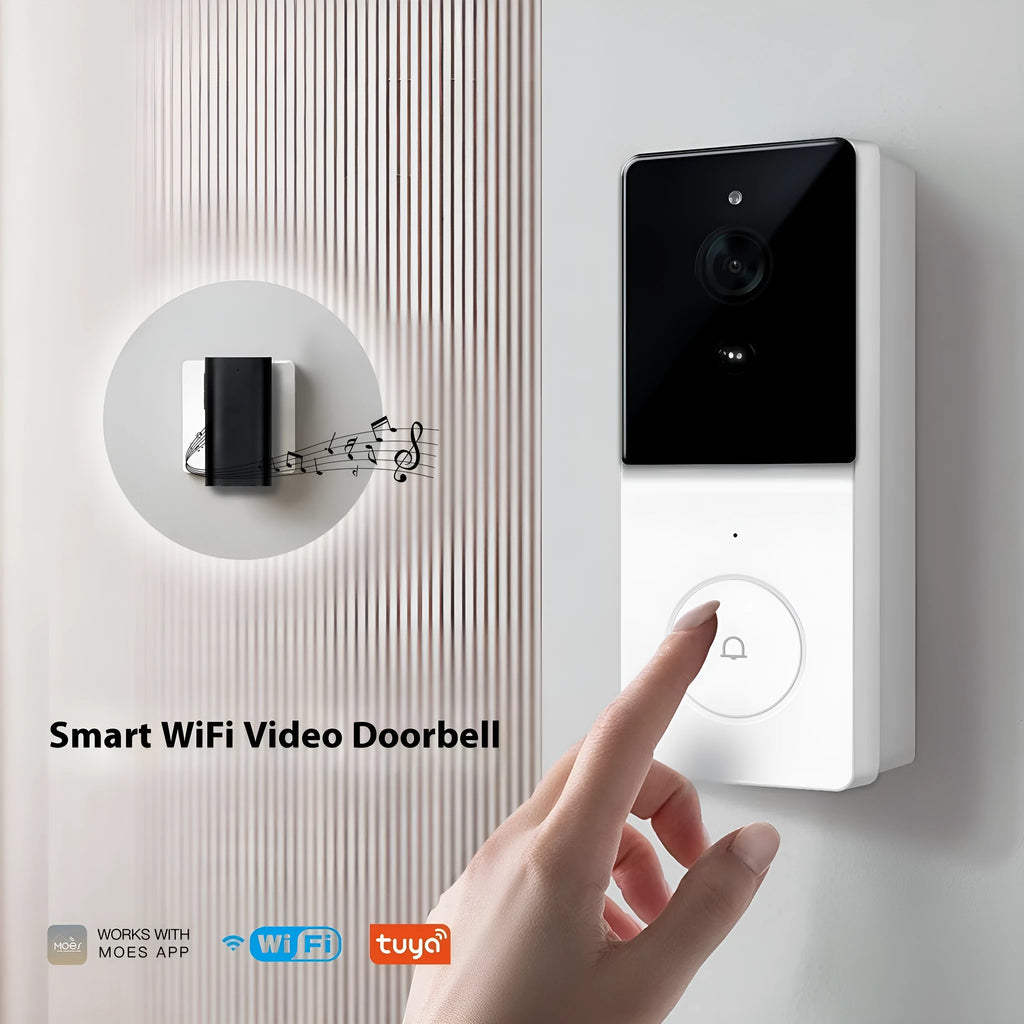 Smart home WiFi video doorbell camera with two-way audio intercom and rechargeable lithium battery on a white background