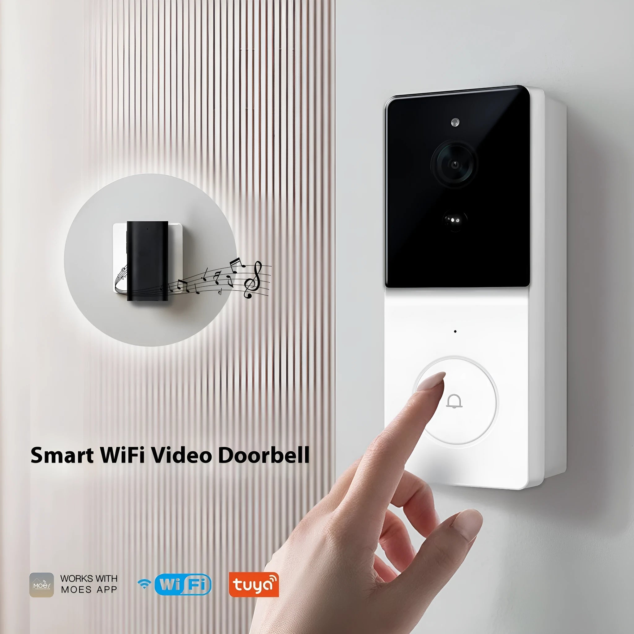 Smart home WiFi video doorbell camera with two-way audio intercom and rechargeable lithium battery on a white background