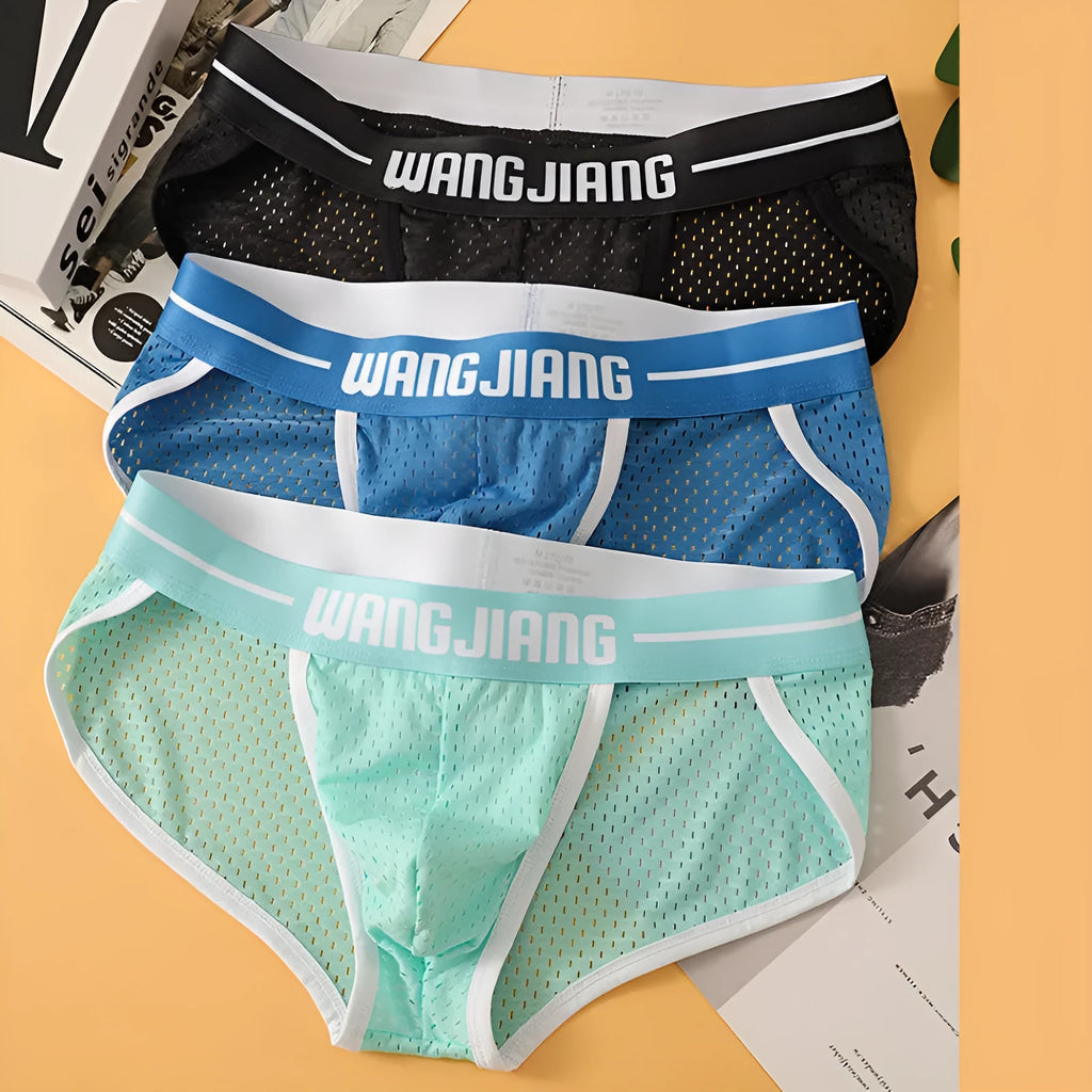 Men's black mesh triangle underwear briefs made from breathable Ice Silk nylon fabric