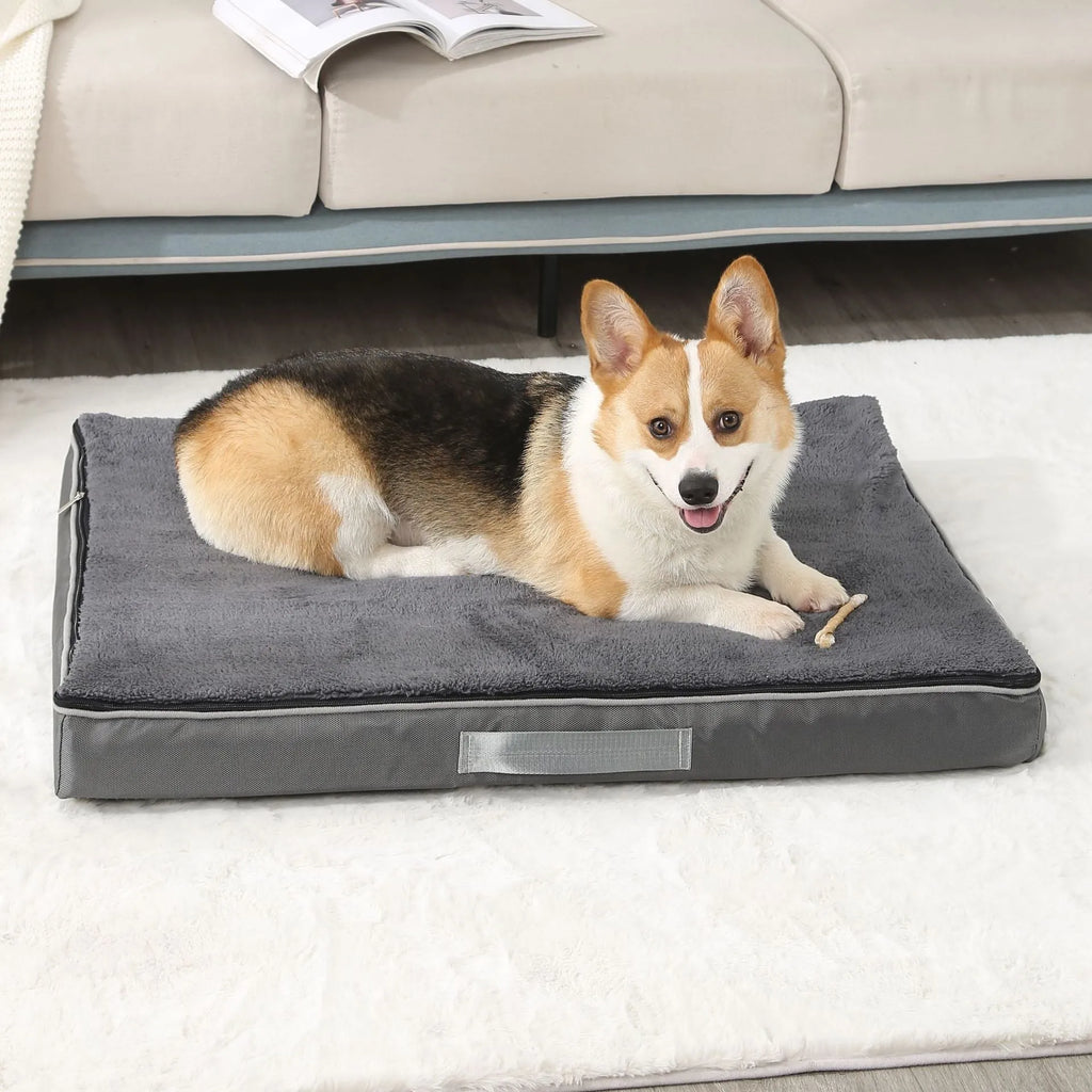 Brown removable cover memory sponge dog mat showing size options on a wooden floor.