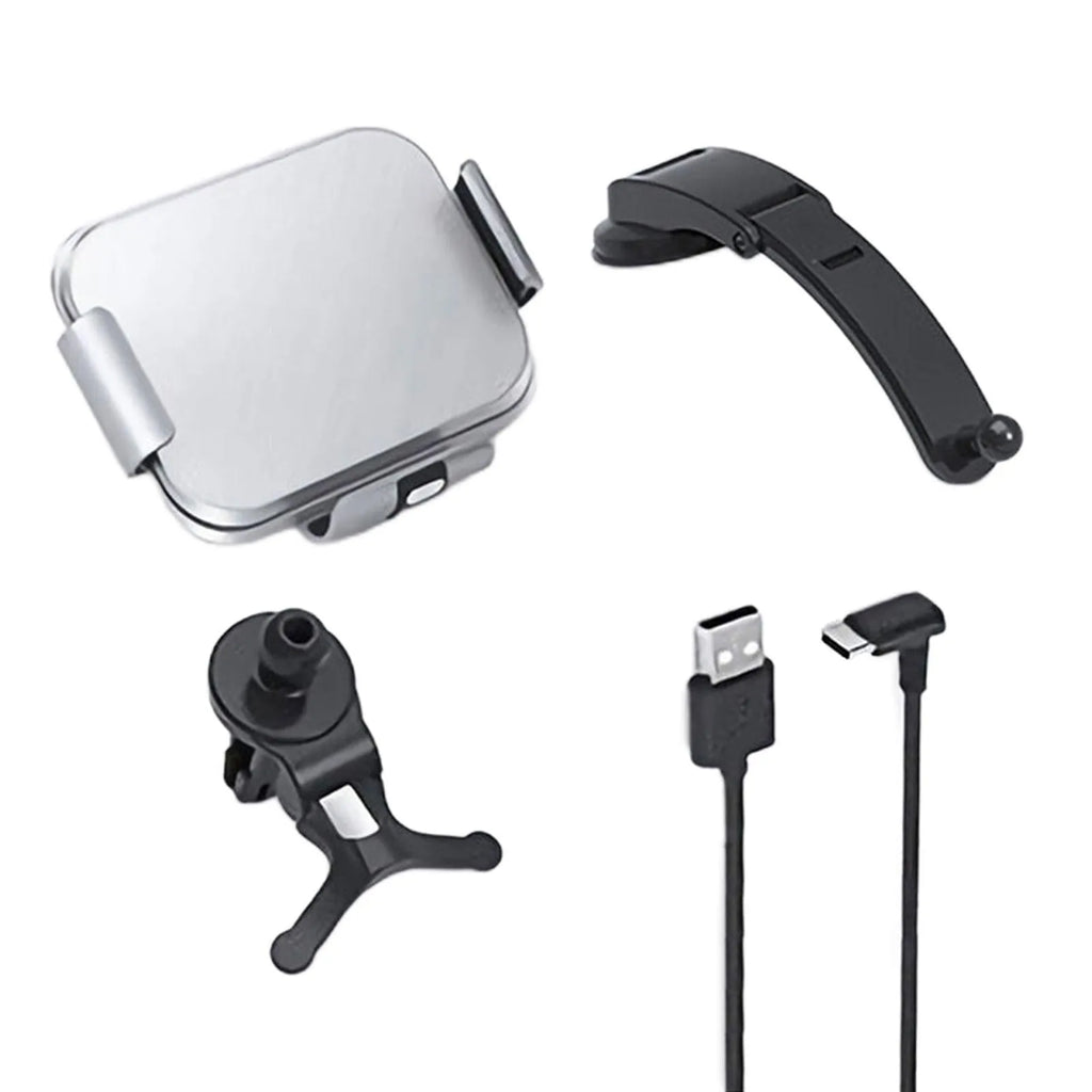 Grey wireless charging car phone holder with folding screen, shown with air conditioner clip and suction cup mounting accessories.