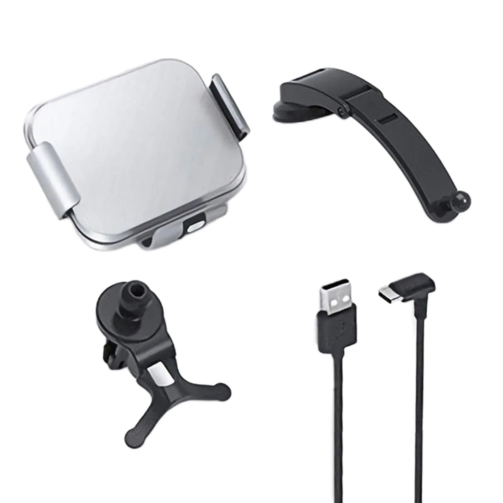 Grey wireless charging car phone holder with folding screen, shown with air conditioner clip and suction cup mounting accessories.