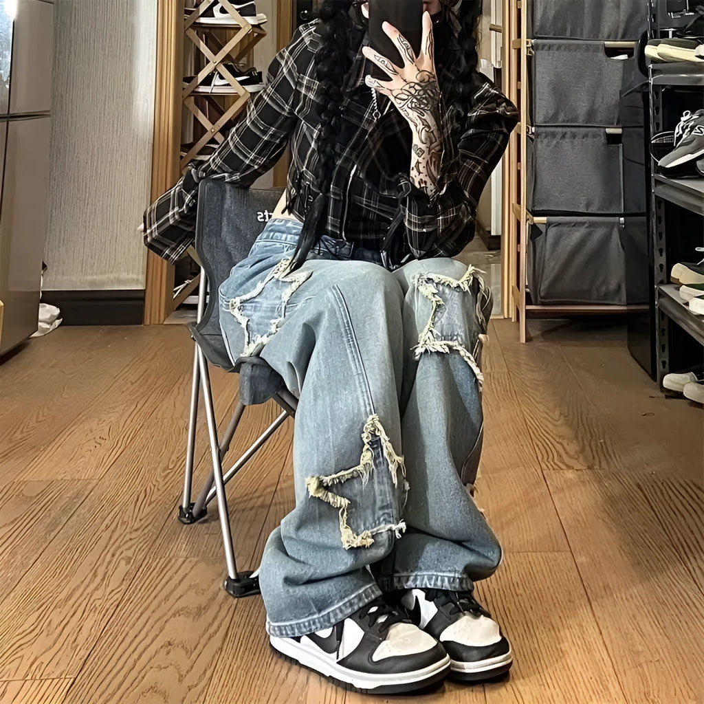 Women's blue high-waisted wide-leg denim trousers in straight-leg style