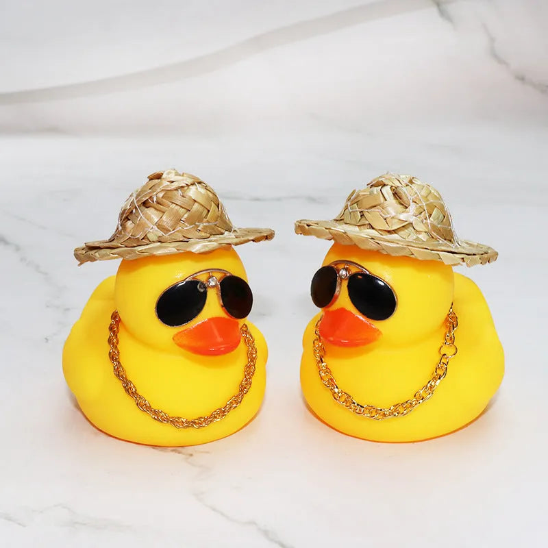 Yellow cartoon duck car ornament wearing straw hat with adhesive base and sunglasses necklace accessory