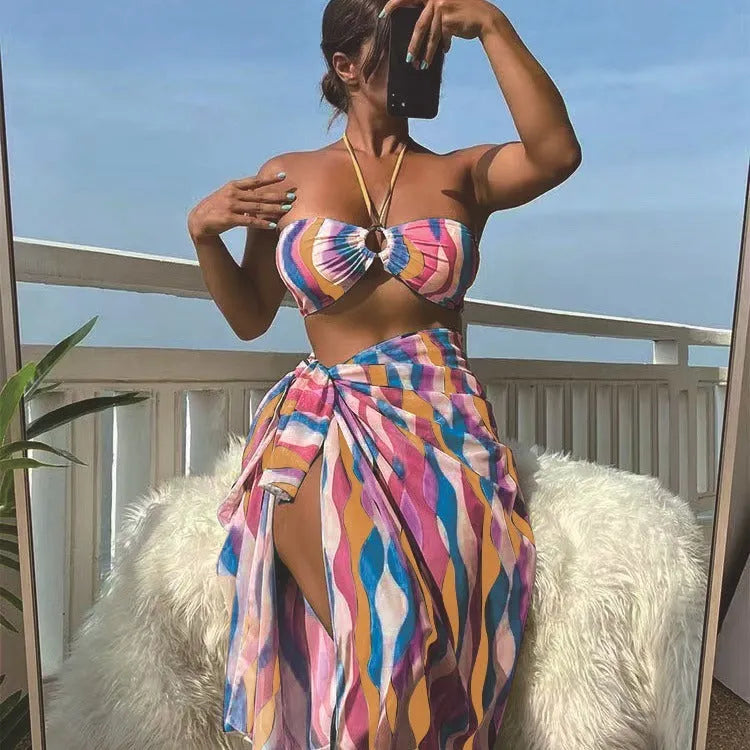 Women's printed bikini three-piece set with cover-up skirt in yellow green, magenta, or purple colours