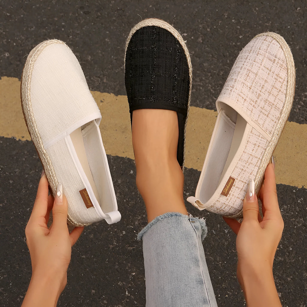 Rope bottom fisherman canvas shoes in black white beige colours with round toe and flat heel