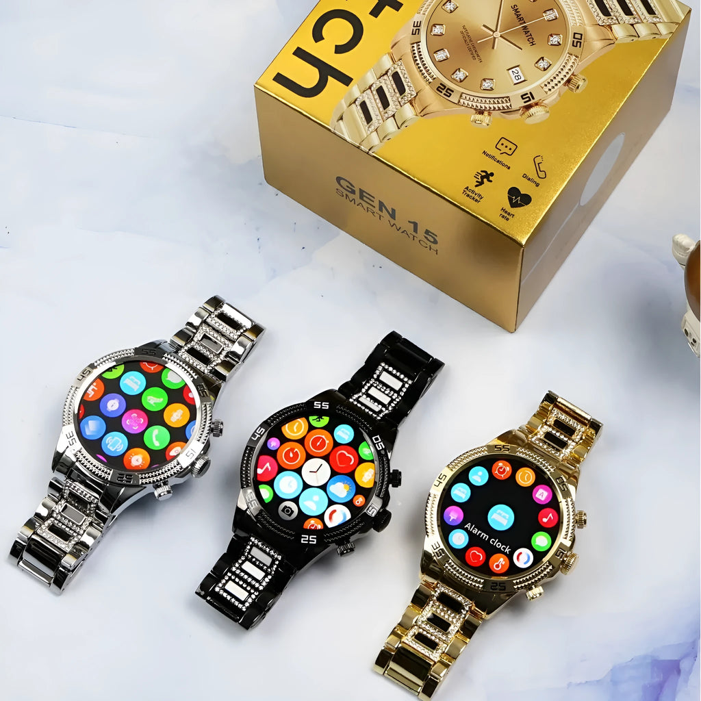 Small gold smartwatch with diamond accents on a TFT screen showing health data
