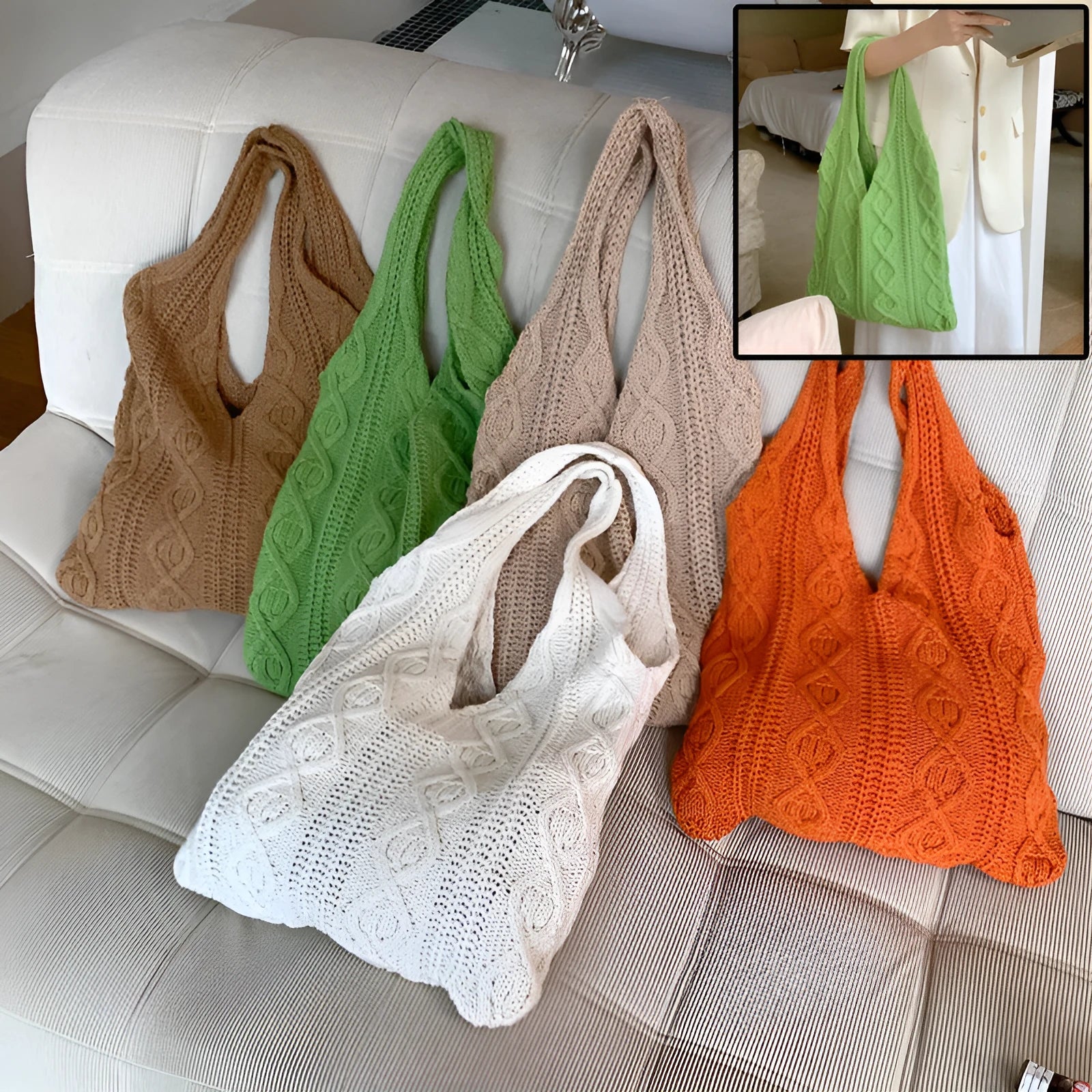 Retro hollow knitted wool yarn women's shoulder tote bag in a solid colour with double straps.