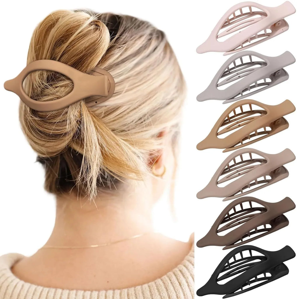 Six plastic hair clips with frosted grip texture and quadrilateral design in individual OPP bags