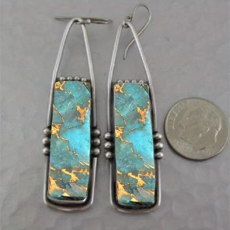 Retro patterned bohemian geometric zinc alloy drop earrings with drip glue finish, colour ER-36, 10g