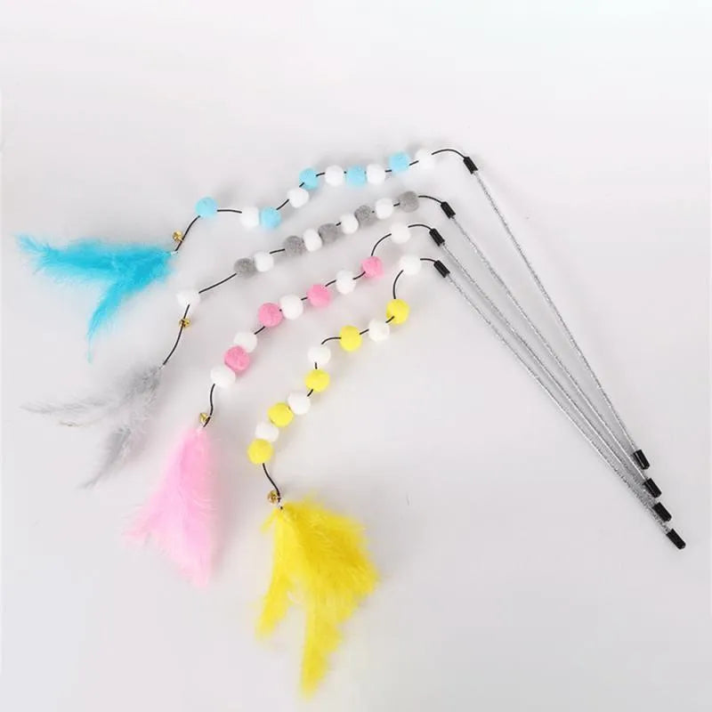 31cm cat teaser rod with colourful pompons and feathers on lightweight stick
